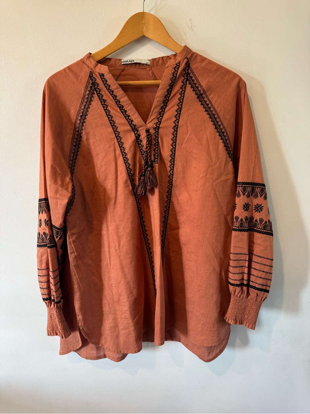 Khaadi Embroidered Blouse Brown Rust Women’s M Cotton Boho Tunic Top Long Sleeve